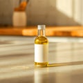 Small bottle of yellow oil with blank label on a light surface in a kitchen setting in soft light Royalty Free Stock Photo