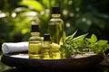 Small bottles with aromatic oils on a wooden stand against a background of blurred nature. Generated by artificial Royalty Free Stock Photo