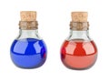 Small bottles with a cork filled with red and blueliquid. Medical concept Royalty Free Stock Photo