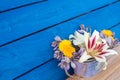 Small bouquet of flowers, garden fresh flowers on a blue background Royalty Free Stock Photo