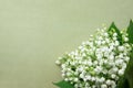 Small Bouquet of Lily of the Valley Flowers with Green Leaves on Beige Vintage Background. Wedding Birthday Mother`s Women`s Day Royalty Free Stock Photo