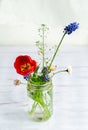 Small bouquet of spring field flowers in a glass jar on white wooden rustic background Royalty Free Stock Photo