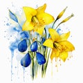 a small bouquet of yellow daylilies and blue bells with leaves, made in watercolor technique Royalty Free Stock Photo