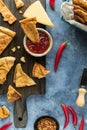 A small bowl of homemade hot pepper jelly served with crispy tortilla crackers. Royalty Free Stock Photo