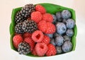 A small box of blackberries, raspberries, and blueberries on sale in the Cours Saleya Market in the old town of Nice, France