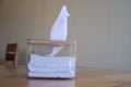 Small box with white tissues inside sits on a wooden table in a cafe or restaurant Royalty Free Stock Photo