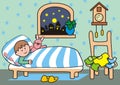 Small boy at bed, cute vector illustration