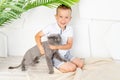 A small boy in a bright room holds a cat, a child torments the animal Royalty Free Stock Photo