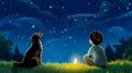 Small boy and dog upward in awe at magic night sky Royalty Free Stock Photo