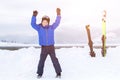 Small boy has fun with ski in mountain ski resort Royalty Free Stock Photo