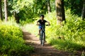 Small boy in helmet riding bicycle in park