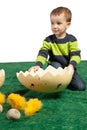 Small boy with huge egg shape and toy chicks Royalty Free Stock Photo