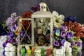 Small boy in lantern with candy and spring flowers