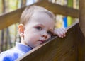 A small boy looks into the distance with a sad look, a child plays alone. Lonely child Royalty Free Stock Photo