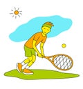 Small boy playing tennis. Vector illustration in a flat style. Isolated on a white background. Royalty Free Stock Photo