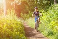 Small boy in helmet riding bicycle in park Royalty Free Stock Photo