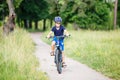 Small boy in helmet riding bicycle in park Royalty Free Stock Photo