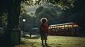 Small boy in red hoodie in a park looking at the bus