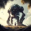 A small boy standing infront of a giant sci-fi robot. Science Fiction world. Created with Generative AI. Midjourney illustration