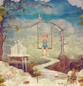 Small boy on a swing in sky ,illustration art