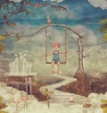 Small boy on a swing in sky