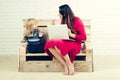 Small boy and teacher girl in glasses, blogging. Royalty Free Stock Photo