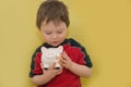 A small boy on a yellow background holds a broken piggy Bank. The piggy Bank was broken and glued together. Horizontal photo, the