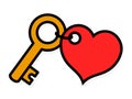 Small brass key with a red heart-shaped tag Royalty Free Stock Photo