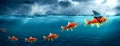 Small Brave Goldfish With Shark Fin Costume Leading Others Through Dark Stormy Waters Royalty Free Stock Photo