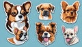 Small breed dogs stickers. Chihuahua, french Bulldog, Cavalier King Charles Spaniel, Welsh Corgi, Papillon dog portrait.