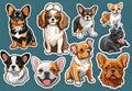 Small breed dogs stickers. Chihuahua, french Bulldog, Cavalier King Charles Spaniel, Welsh Corgi, Papillon dog portrait.