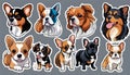 Small breed dogs stickers. Chihuahua, french Bulldog, Cavalier King Charles Spaniel, Welsh Corgi, Papillon dog portrait.