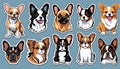 Small breed dogs stickers. Chihuahua, french Bulldog, Cavalier King Charles Spaniel, Welsh Corgi, Papillon dog portrait.