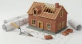 Brick House Construction Model with Blueprints and Trowel on White Royalty Free Stock Photo