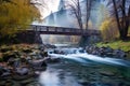 a small bridge across a steamy hot spring creek