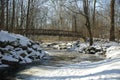 Winter, snow, bridge, blue sky and frozen creek Royalty Free Stock Photo
