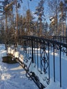 A small bridge with forged cast-iron trellises over a frozen river on a sunny winter day against the backdrop of snow-covered Royalty Free Stock Photo