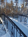 A small bridge with forged cast-iron trellises over a frozen river on a sunny winter day against the backdrop of snow-covered Royalty Free Stock Photo