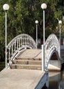 concrete bridge and white curved wrought iron railings with round lamp on pole over pond Royalty Free Stock Photo