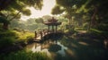 a small bridge over a small pond in a park with trees