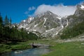 Small bridge over river in beautiful alpine landscape Royalty Free Stock Photo