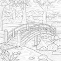 Small bridge in the park. Landscape.Coloring book antistress for children and adults.