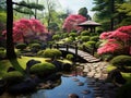 A small bridge and a pavilion contribute to the peaceful atmosphere of the Japanese garden