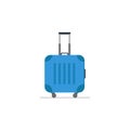 Bright blue plastic suitcase on wheels with telescopic handle. Polycarbonate luggage. Tourist baggage. Flat vector design