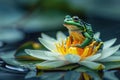 A small bright green frog sits on a water lily leaf in a forest pond Royalty Free Stock Photo