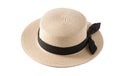 Small-brimmed straw boater hat with black band. Canotier - Summer French straw hat of rigid shape with a cylindrical