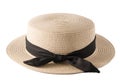 Small-brimmed straw boater hat with black band. Canotier - Summer French straw hat of rigid shape with a cylindrical