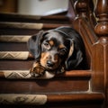 A small brown and black dog laying on top of a set of stairs next to a stair case with it\'s head resting on it\'s paws Royalty Free Stock Photo