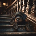 A small brown and black dog laying on top of a set of stairs next to a stair case with it\'s head resting on it\'s paws Royalty Free Stock Photo