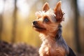 A Small Brown And Black Dog Standing In The Woods Royalty Free Stock Photo